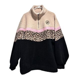 Buc-ees Sherpa Colorblock Animal Cheetah‎ Print Half Zip Jacket Size XL